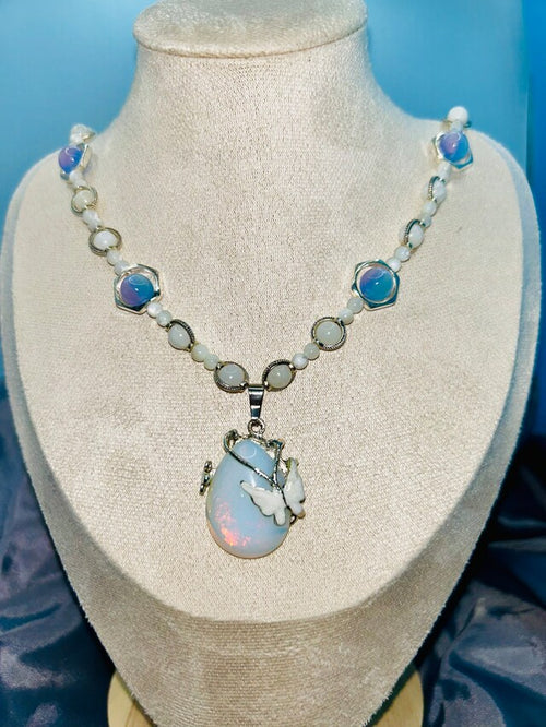 Opalite and Moonstone Necklace with Silver Butterfly Teardrop Charm